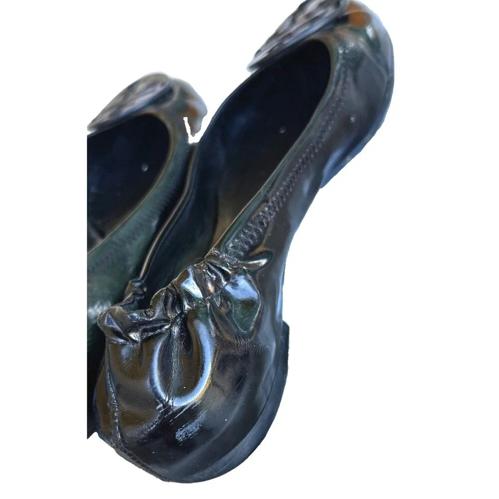 Tory Burch Reva Black Patent Leather  w/ Logo Travel Ballet Flats Shoes 7.5
